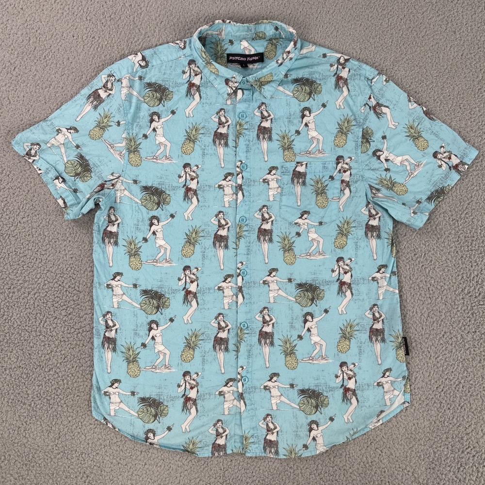 Psycho Tuna Hawaiian Shirt Men Large Blue Hula Girls Pineapple Print Stretch